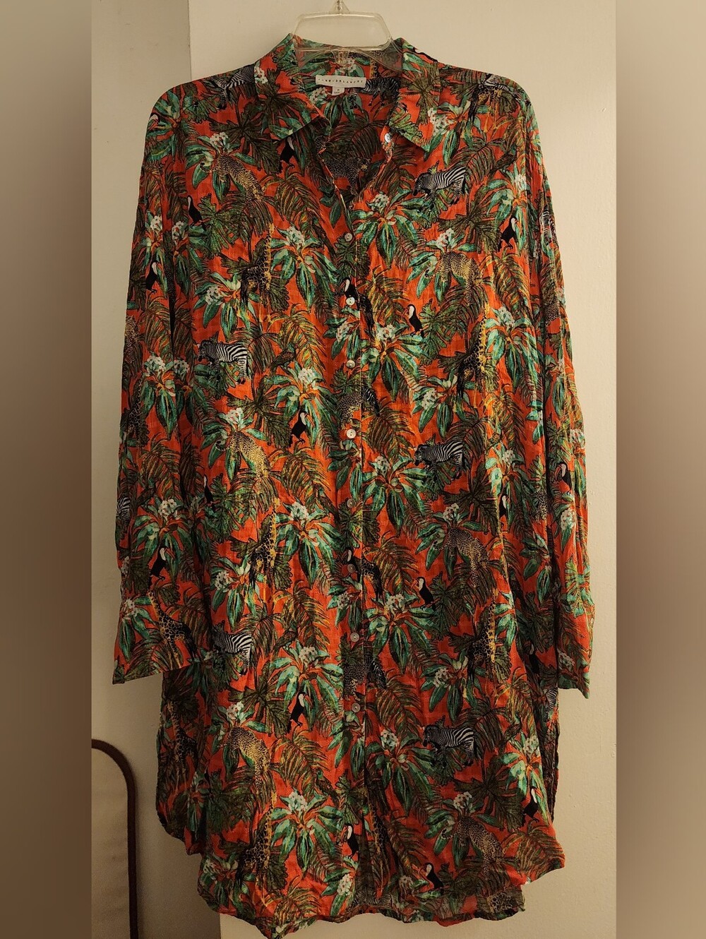 Long Sleeve Tropical Print Dress Shirt in Coral and Green